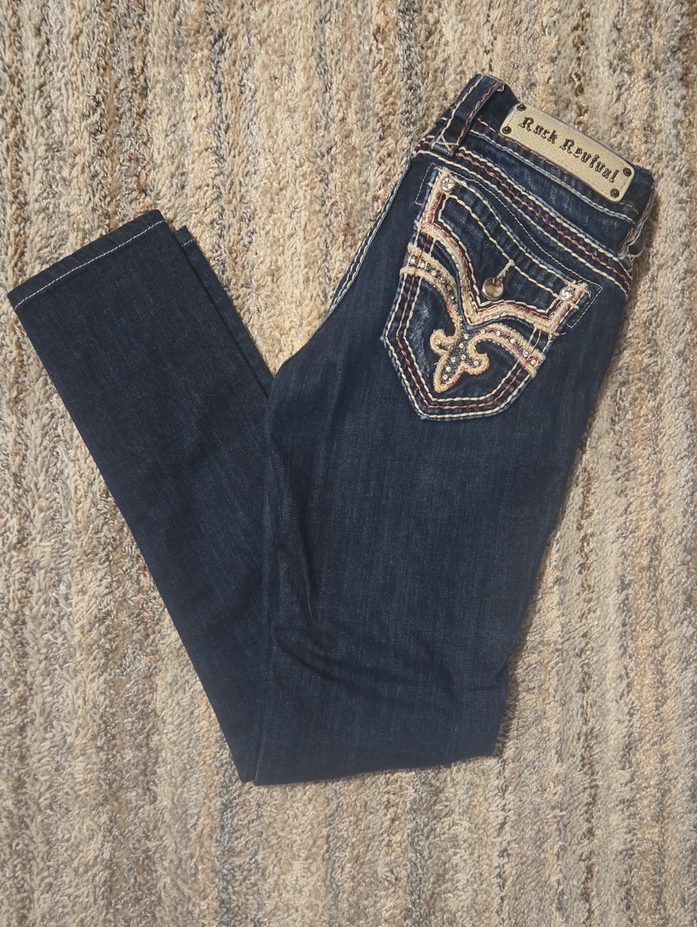 Rock Revival Women’s Dark Blue Skinny Jeans with Embellished Back Pocket